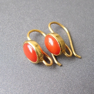 Luxurious Coral Ear Wires • Silver / Gold Vermeil • 7x5mm Oval Cabochon • 17mm • Natural Sardinian Coral • Fantastic Colour