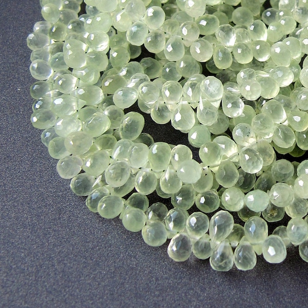 Prehnite tear drops • 5-6mm • AA+ micro faceted • Genuine natural gemstone beads • Pastel light green • Glowing translucent briolettes