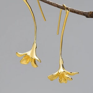 Gold Freesia Earrings • 35mm • 18k Yellow Gold Plated Solid Sterling Silver • Nature Floral Flower Delicate Dangle Bloom Blossom Earrings