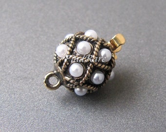 Pearl Rope Ball Clasp • 23k Gold Plated Brass • 10.50mm • Synthetic Pearls • Vintage Antique Look • Round Box Clasp • Made in Germany