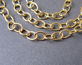May include: A gold chain necklace with oval links. The chain is coiled in a spiral shape on a gray background.