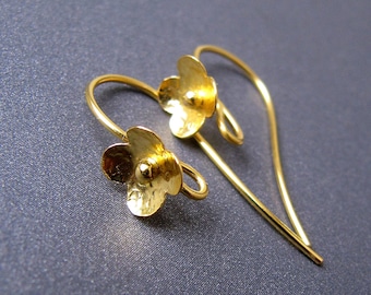 18k Gold Flower Ear Wires • 24x10mm • 0.70mm 21ga Wire • Solid 18 Carat Gold • Earrings Shepherds Hooks • Open Loop • Granulation