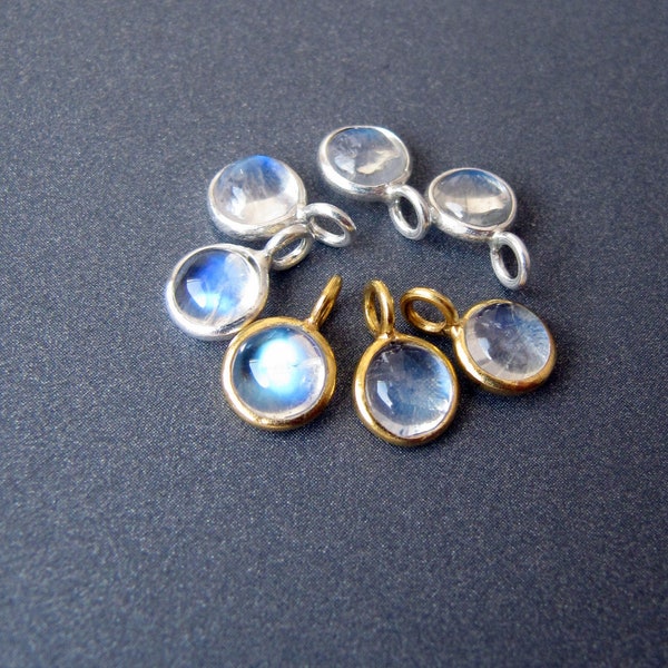 Rainbow Moonstone 5mm Charm • Silver / Gold Vermeil • 3.25mm Ring with 2mm Hole • Natural Gemstone With Inclusions • Blue Glow