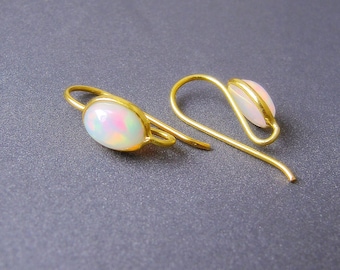 18k Gold Ethiopian Opal Ear Wires • 5x7mm Opals • Solid 18 Carat Gold • 19x7mm • 0.75mm 21-20ga Wire • Open Loop • Natural Gemstone