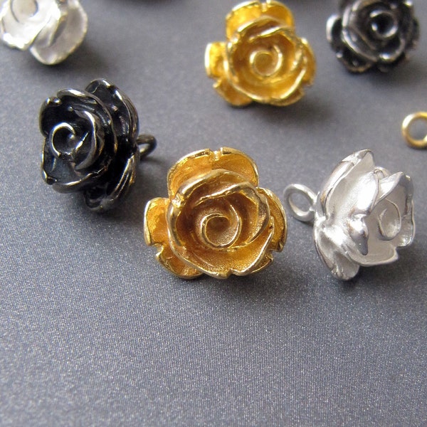 Sterling Silver Rose Bud Charm • Heavy • 925 Silver / Gold Vermeil / Black Rhodium • Flower Pendant • Rustic Organic