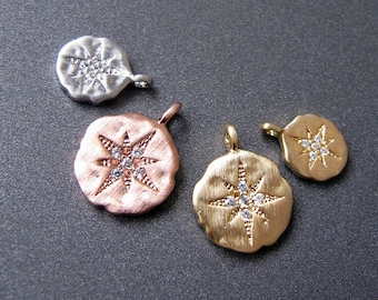 Zilveren Starburst-hanger • 10,5 mm / 7,5 mm • Geelroségoudvermeil Zwart geoxideerde schijf • Gehamerd • CZ-ster • Hemelse geluksbedel