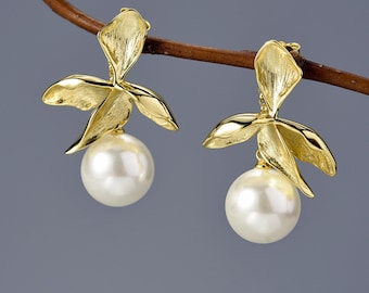 Gold Orchid Earrings with Removable Pearl Dangle • 18k Gold Plated Sterling Silver Vermeil • 10mm Shell Pearl • ABSOLUTELY BEAUTIFUL