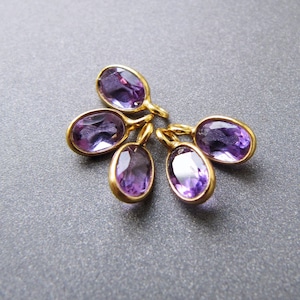 May include: Five gold charms with oval-shaped amethyst gemstones. The charms have a loop at the top for attaching to a necklace or bracelet.