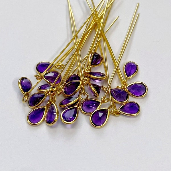 18k Gold Gemstone Head Pin • 24ga / 0.50mm x 38mm Long Pin • 6x4mm Natural Amethyst Tear Drop Charm • Solid 18 Carat Yellow Gold