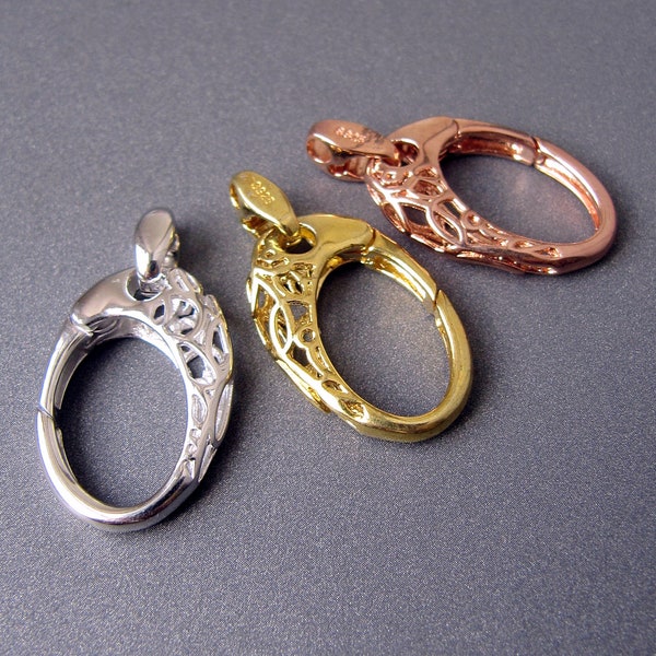 Silver clasp • 24x16mm • Rhodium / Yellow / Rose gold vermeil • Designer fancy filigree carabiner clasp • Large focal statement component