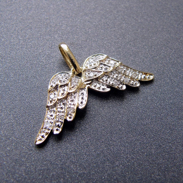 14k Gold Angel Wings Charm • Diamond Pavé • Solid 14 carat Yellow / Rose / White gold • Pendant Bail • Real Natural Diamonds