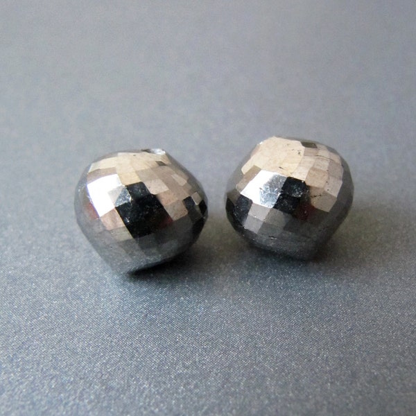 Pyrite briolettes • 10mm • Half drilled • Big 1.30mm hole • Pair / Single bead • AAA micro faceted • Gunmetal silver metallic dark grey gray