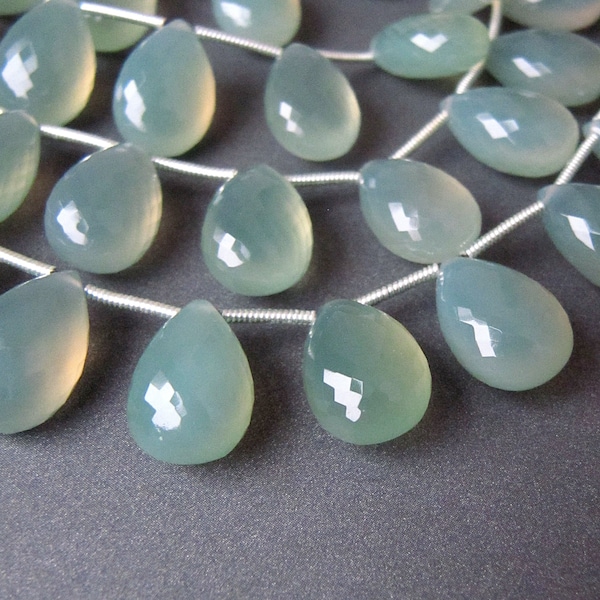 Green chalcedony flat pear briolettes • 14-9.50mm • Matching pairs • AAA micro faceted heart drop pears • Pastel prehnite-like green