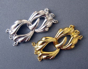 Fermoir multibrin • 35x17mm • Fermoir 3 rangées en argent sterling • Rhodium / Jaune / Vermeil or rose • Crochet de concepteur de coquillages ondulé fantaisie