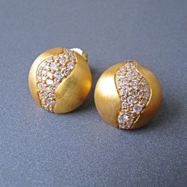 18k Gold Dome Diamond Earrings • 13.50mm • Gorgeous Brushed Satin Finish • Sparkling Natural Gemstones • FABULOUS STUNNING