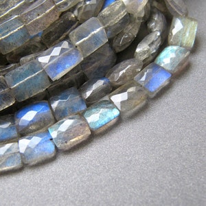 Può includere: Una collana di perline di labradorite sfaccettate a forma quadrata. Le perline sono di colore grigio chiaro con riflessi blu e verdi iridescenti.
