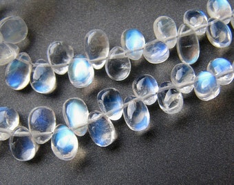 Rainbow Moonstone Flat Pear Drops • 4-7mm • AAA Smooth Polished • Clear Transparent • Strong blue fire / adularescence • Personal Favourite