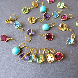 14k Gold Square Gemstone Charm • 4x4mm • 4mm Ring/3.25mm Hole • Swiss London Blue White Topaz Amethyst Rhodolite Citrine Peridot Turquoise