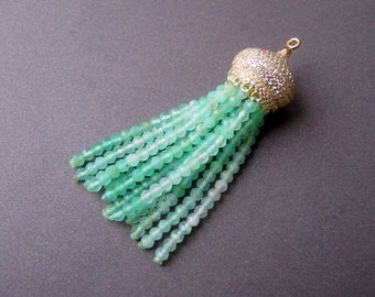 Chrysoprase Tassel Pendant • Gold Vermeil Sterling silver 925 • Sparkling Cubic Zirconia pavé • Natural gemstone • Vivid mint green