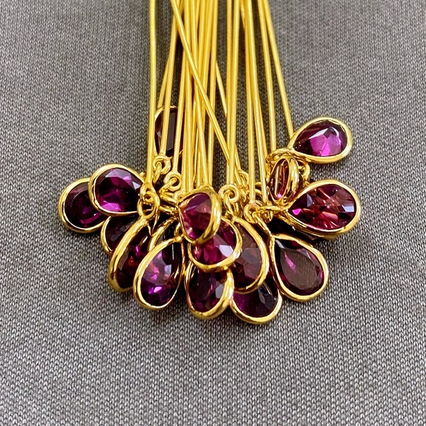 18k Gold Gemstone Head Pin • 24ga / 0.50mm x 38mm Long Pin • 6x4mm Natural Rhodolite Tear Drop Charm • Solid 18 Carat Yellow Gold