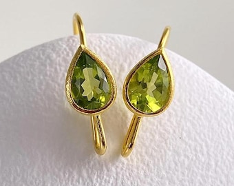 Peridot Ear Wires in Gold Plated Silver • Hooks with Open Loop for DIY Earrings • 5x7mm Natural Gemstone