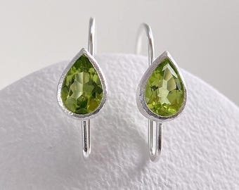 Peridot Ear Wires in Silver • Hooks with Open Loop for DIY Earrings • 5x7mm Natural Gemstone