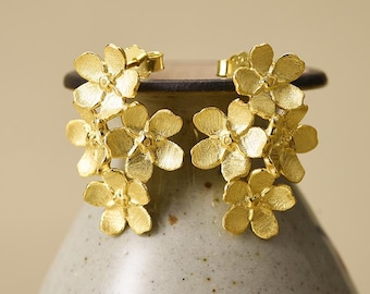 Forget Me Not Stud Earrings in Gold Plated Sterling Silver • 23x16mm • Flower Cluster Floral Jewellery •  Tariff Free Delivery to USA