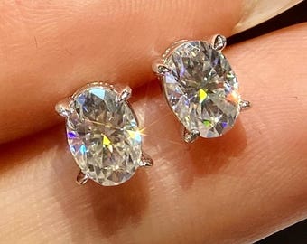 Moissanite Stud Earrings in Sterling Silver • 1 Carat Oval • 1 Pair • Certified VVS1 Lab Grown Diamonds • MEGA SPARKLING