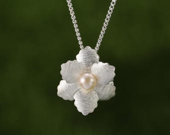 Pearl Flower Pendant Necklace in Gold Plated Sterling Silver • Curb  Chain • Vermeil Botanical Organic Floral Jewelry • Tariff Free to USA