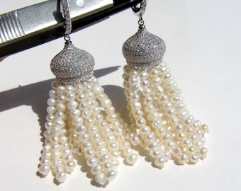 Pearl Tassel Earrings • Sterling silver 925 • Rhodium / Yellow / Rose gold vermeil • Sparkling Pavé CZ Cubic Zirconia • Freshwater pearls