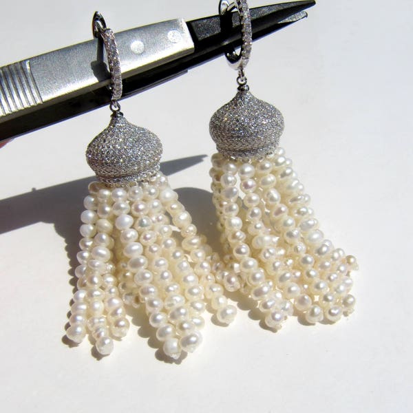 Pearl Tassel Earrings • Sterling silver 925 • Rhodium / Yellow / Rose gold vermeil • Sparkling Pavé CZ Cubic Zirconia • Freshwater pearls