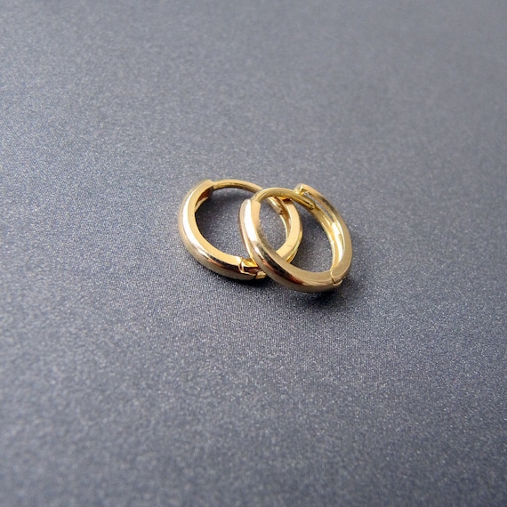 18k gold huggie earrings • 11mm 13mm 15mm x 2mm wide • Single earring / Pair • Solid 18 carat Yellow gold • Mini Sleeper Huggies Hoops