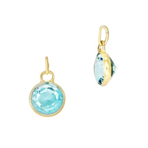 14k gouden Zwitserse blauwe topaas bedel • KLEINE bedels van 2,50 / 3/4 mm • KLEINE ring van 1,30 x 2,30 mm met gat van 1 x 1,75 mm • Levendig sprankelend blauw • Mooi