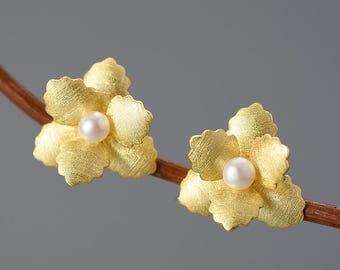 Gold Pearl 12mm Flower Stud Earrings • 18k Gold Plated Sterling Silver • Vermeil Botanical Organic Floral • Tariff Free Delivery to USA
