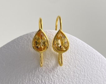 Light Citrine Ear Wires in Gold Plated Silver • Open Loop • 7x5mm Natural Gemstone • DIY Earrings Hooks Findings