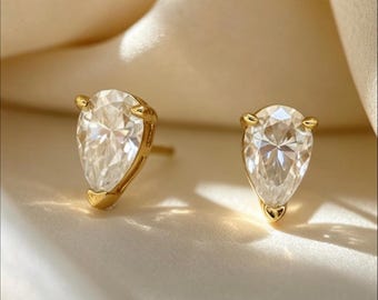 Moissanite Stud Earrings in Gold Plated Silver • Certified VVS1 Lab Grown Diamonds • Pear Cut • MEGA SPARKLING