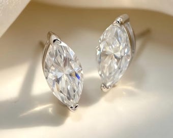 Moissanite Marquise Stud Earrings in Sterling Silver • 1 carat each • 1 Pair • Certified VVS1 Lab Grown Diamonds • MEGA SPARKLING