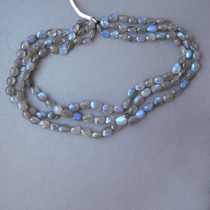 May include: A strand of oval-shaped, iridescent labradorite beads in shades of grey and blue. The beads are strung on a white cord and are arranged in a loose, flowing pattern.