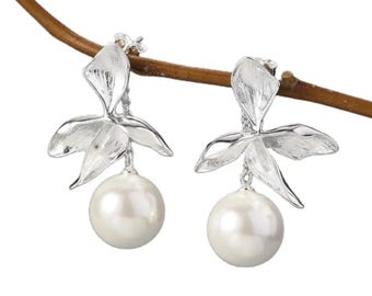 Silber Orchidee Ohrstecker mit abnehmbarer Perle • Sterling Silber 925 • 10 mm Muschelkernperle • ABSOLUT SCHÖN