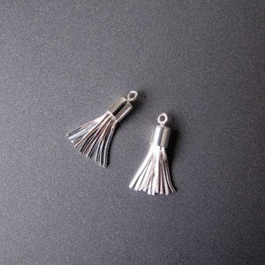 May include: Two silver-colored tassel charms with a loop at the top for jewelry making. Each tassel has a cylindrical cap and multiple strands. The tassels are displayed on a dark gray background.