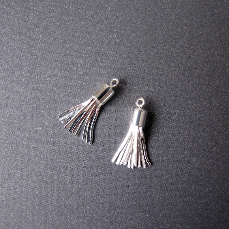 May include: Two silver-colored tassel charms with a loop at the top for jewelry making. Each tassel has a cylindrical cap and multiple strands. The tassels are displayed on a dark gray background.