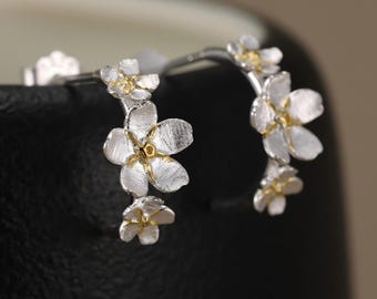 Forget Me Not Flower Hoop Earrings in Sterling Silver • Nature Inspired Floral Jewellery