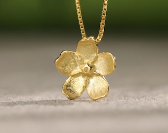 Forget Me Not Flower Pendant Charm with Chain Necklace in Gold Plated Sterling Silver • Tariff Free Delivery to USA