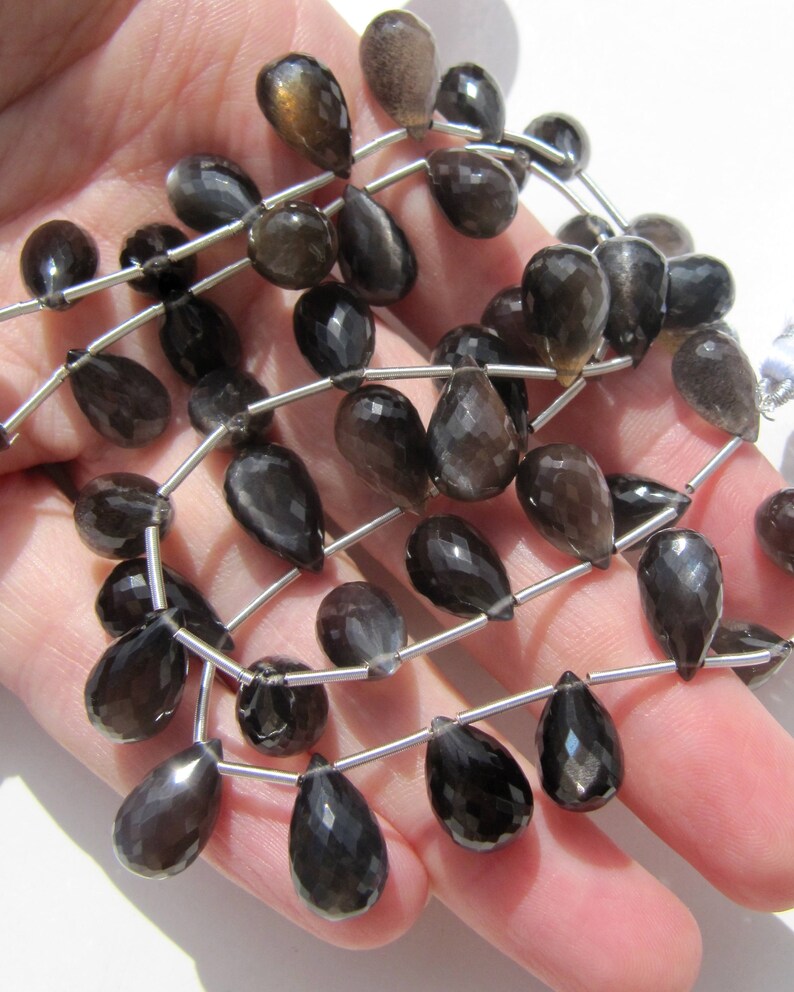 Black moonstone tear drops \u2022 14x8mm \u2022 AAA AA micro faceted briolettes \u2022 Natural gemstone \u2022 Grey golden silver copper moon glow