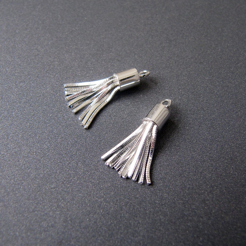 May include: Two silver-colored tassels with a metallic sheen. Each tassel has a cylindrical cap with a small loop at the top for attachment. The tassels are composed of multiple strands, creating a flowing, fringe-like appearance. The background is a dark gray surface.