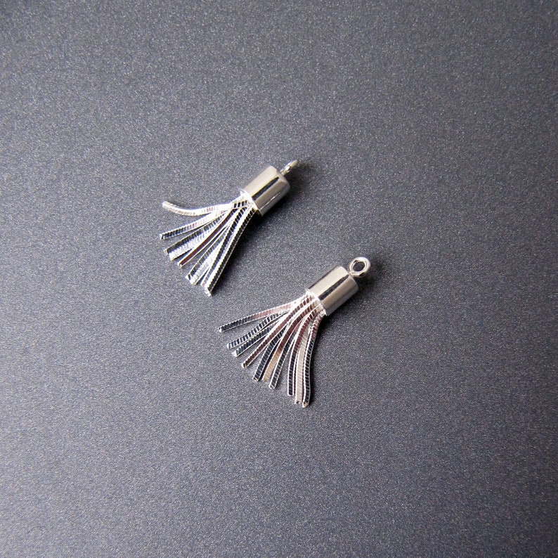 May include: Two silver-colored tassels with a metallic finish. Each tassel has a cylindrical top with a small loop and multiple strands. The tassels are displayed on a dark gray surface.