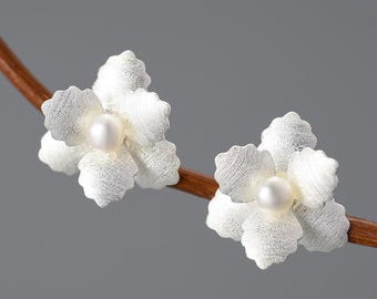 Silver Pearl 12mm Flower Stud Earrings • Solid Sterling Silver • Botanical Organic Floral Earrings • Tariff Free Delivery to USA