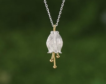 Bluebell Pendant Charm on a Chain Necklace in Sterling Silver with Gold Plated Stamens