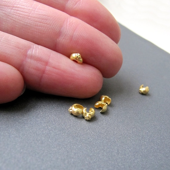 18k Gold Decorative Crimp Bead Cover • 3mm • Tiny Flower Accent • Solid 18  Carat Gold • Handmade Crimp Covers