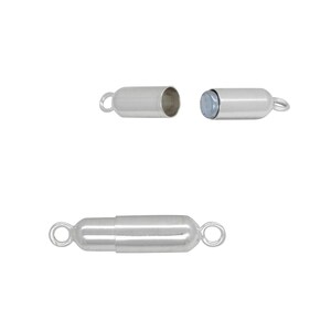 May include: Silver magnetic clasp for necklaces or bracelets. The clasp is made of two pieces that connect magnetically. The clasp is about 1 inch long.